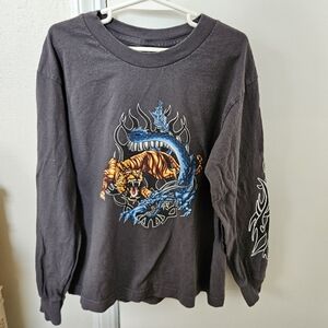 Boys Shirt 8 Vtg Y2K Graphic Dueling Dragon Tiger Flames Tattoo Cyber Grunge MMA